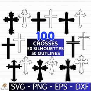 100 Cross SVG Bundle, 50 Cross Silhouettes & 50 Outline Designs, Christian Cross Clipart, Cross Vector - digital download svg, png, dxf, eps