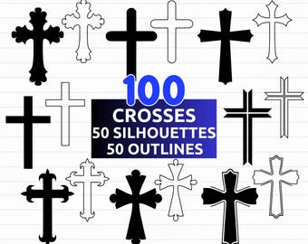 Paquete de 100 cruces SVG, 50 siluetas de cruces y 50 diseños de contornos, imágenes prediseñadas de cruces cristianas, vectores de cruces (descarga digital en SVG, PNG, DXF y EPS)