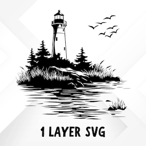 May include: Black and white illustration of a lighthouse on a rocky island, with trees, grass, and water. A flock of birds flies in the sky above the lighthouse. The text "1 LAYER SVG" is at the bottom.
