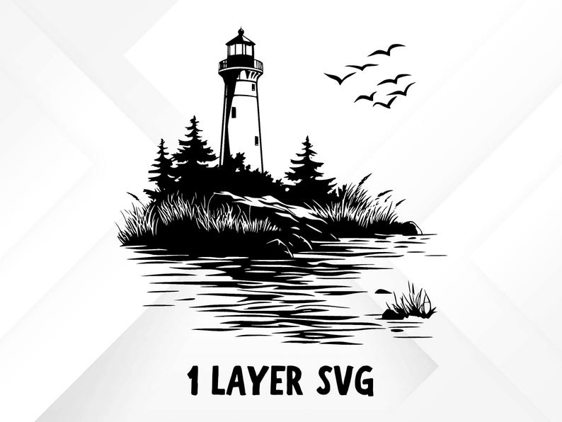 May include: Black and white illustration of a lighthouse on a rocky island, with trees, grass, and water. A flock of birds flies in the sky above the lighthouse. The text "1 LAYER SVG" is at the bottom.