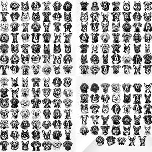 May include: A black and white illustration of over 200 different dog breeds. The illustrations are arranged in a grid pattern.