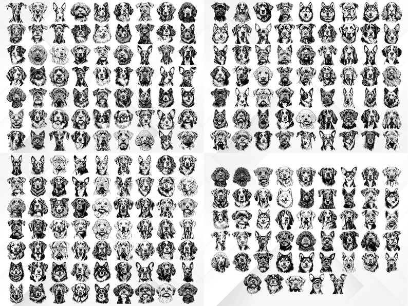 May include: A black and white illustration of over 200 different dog breeds. The illustrations are arranged in a grid pattern.