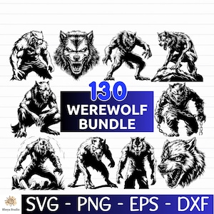 Puede incluir: Un paquete de arte digital que presenta 130 ilustraciones de hombres lobo en diversas poses y expresiones. Las imágenes son en blanco y negro, enfatizando la apariencia feroz y monstruosa de las criaturas. Incluye formatos de archivo SVG, PNG, EPS y DXF.