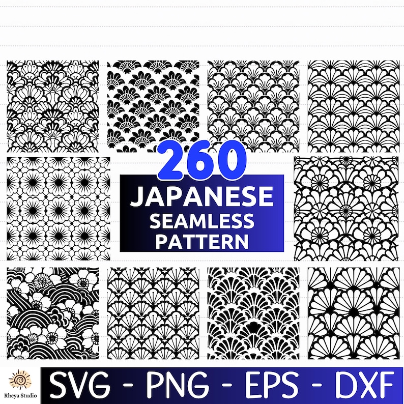 May include: A collection of nine black and white Japanese seamless patterns. The patterns include floral, fan, and wave designs. The image also includes the text "260 Japanese Seamless Pattern" and file type options: SVG, PNG, EPS, and DXF.