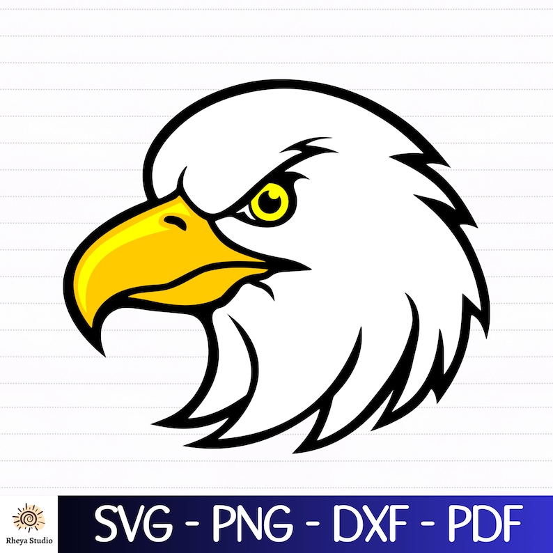May include: A black and white illustration of an eagle's head with a yellow beak and eye. The eagle is looking to the left.