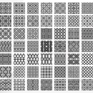 May include: A collection of 49 black and white geometric patterns. Each pattern is displayed in a square format, showcasing a variety of designs including repeating shapes, lines, and floral motifs. The patterns are suitable for various design applications.