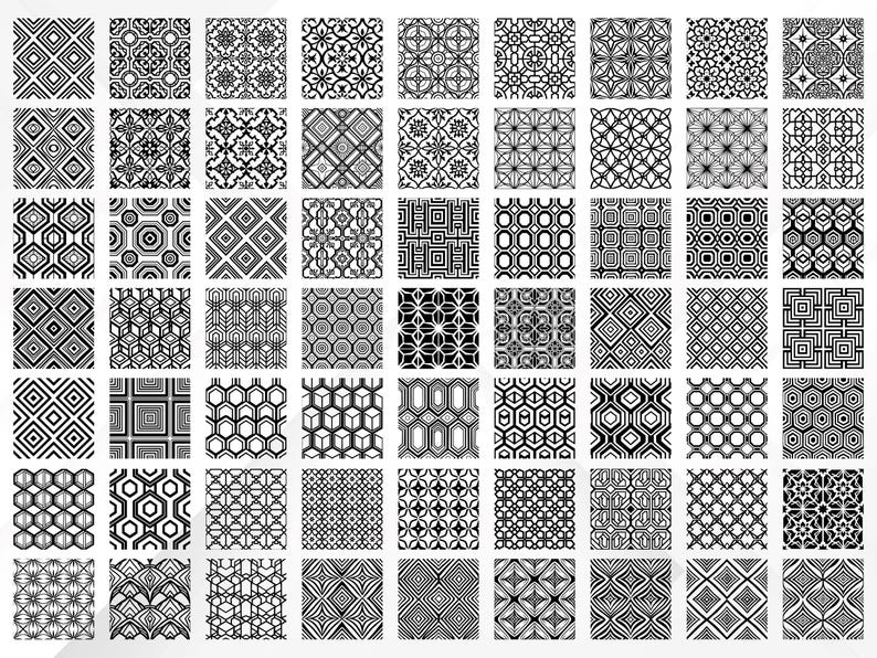 May include: A collection of 49 black and white geometric patterns. Each pattern is displayed in a square format, showcasing a variety of designs including repeating shapes, lines, and floral motifs. The patterns are suitable for various design applications.
