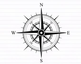 May include: A black and white compass with the cardinal directions N, S, E, and W, as well as the intermediate directions NE, NW, SE, and SW.
