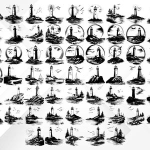 May include: A collection of black and white lighthouse illustrations. Each design features a lighthouse on a rocky shore, with some including birds, waves, and sun or moon backgrounds. The lighthouses vary in style and detail.
