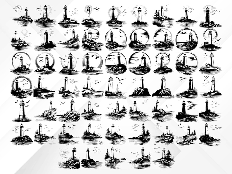May include: A collection of black and white lighthouse illustrations. Each design features a lighthouse on a rocky shore, with some including birds, waves, and sun or moon backgrounds. The lighthouses vary in style and detail.
