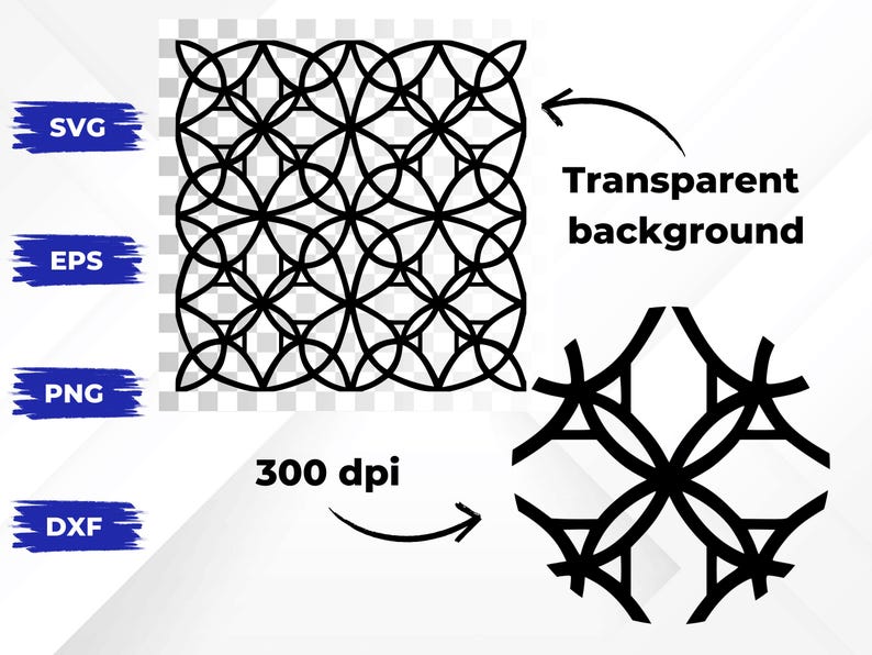 May include: Black geometric pattern design with a transparent background. The image includes the text "SVG", "EPS", "PNG", and "DXF" with a "300 dpi" label. A smaller version of the design is also shown.