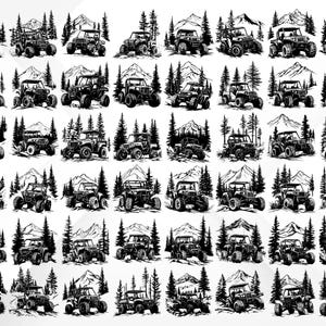 May include: Black and white illustration of 48 off-road vehicles driving through a mountainous landscape. The vehicles are all facing forward and have a similar design. The background is a simple white background.
