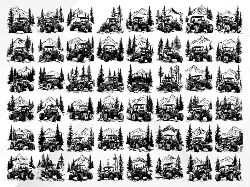May include: Black and white illustration of 48 off-road vehicles driving through a mountainous landscape. The vehicles are all facing forward and have a similar design. The background is a simple white background.
