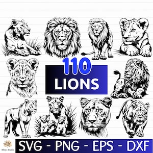 Könnte beinhalten: Ein Set mit 110 Schwarzweiß-Silhouetten von Löwen. Die Illustrationen zeigen Löwen, Löwinnen und Löwenjungen in verschiedenen Posen. Der Text "110 LIONS" ist in einem blauen Kasten dargestellt.