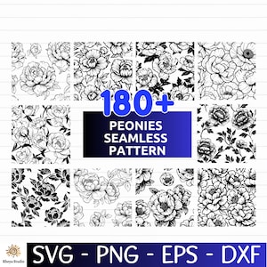 May include: A selection of black and white peony seamless patterns. The image displays various floral designs, with the text "180+ PEONIES SEAMLESS PATTERN" in a blue rectangle. Below, it shows file formats: SVG, PNG, EPS, and DXF.