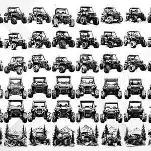 May include: A collection of black and white illustrations of off-road vehicles. The vehicles are drawn in a realistic style and feature various details, such as wheels, tires, and headlights. The illustrations are perfect for use in a variety of projects, such as t-shirt designs, website graphics, and social media posts.