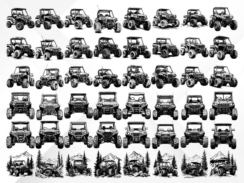 May include: A collection of black and white illustrations of off-road vehicles. The vehicles are drawn in a realistic style and feature various details, such as wheels, tires, and headlights. The illustrations are perfect for use in a variety of projects, such as t-shirt designs, website graphics, and social media posts.