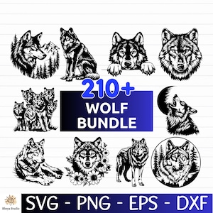 Puede incluir: Ilustraciones de lobos en blanco y negro en varias poses, incluyendo un lobo aullando a la luna, un lobo con montañas y un lobo rodeado de flores. El texto "210+ WOLF BUNDLE" aparece en azul. También incluye el texto "SVG - PNG - EPS - DXF".