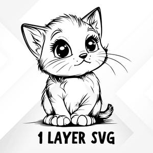 May include: A black and white line drawing of a cartoon cat with big eyes and a cute expression. The cat is sitting with its paws crossed and its tail curled around its body. The image is labeled "1 LAYER SVG".
