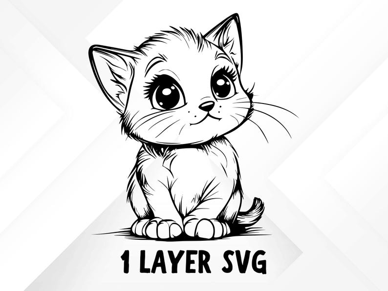 May include: A black and white line drawing of a cartoon cat with big eyes and a cute expression. The cat is sitting with its paws crossed and its tail curled around its body. The image is labeled "1 LAYER SVG".