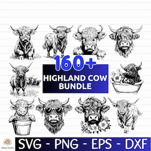 Puede incluir: Un paquete de arte digital con más de 160 ilustraciones de vacas de las Tierras Altas en blanco y negro. Las imágenes muestran vacas en varias poses, algunas con gafas de sol o flores. Formatos: SVG, PNG, EPS y DXF. El texto dice 'Highland Cow Bundle'.