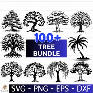 Könnte beinhalten: Eine Sammlung von Schwarz-Weiß-Baumillustrationen. Das Bild zeigt verschiedene Baumstile, von detaillierten Bonsai bis zu einer Palme. Der Text "100+ TREE BUNDLE" ist in einem blauen Rechteck dargestellt. Dateiformate: SVG, PNG, EPS und DXF.