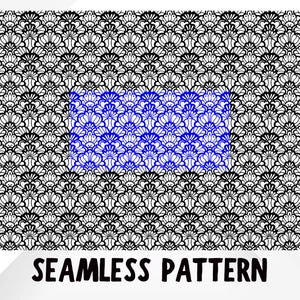 May include: A black and white seamless pattern with a floral design. A blue rectangle highlights a section of the pattern. The words "SEAMLESS PATTERN" are in black text at the bottom of the image.