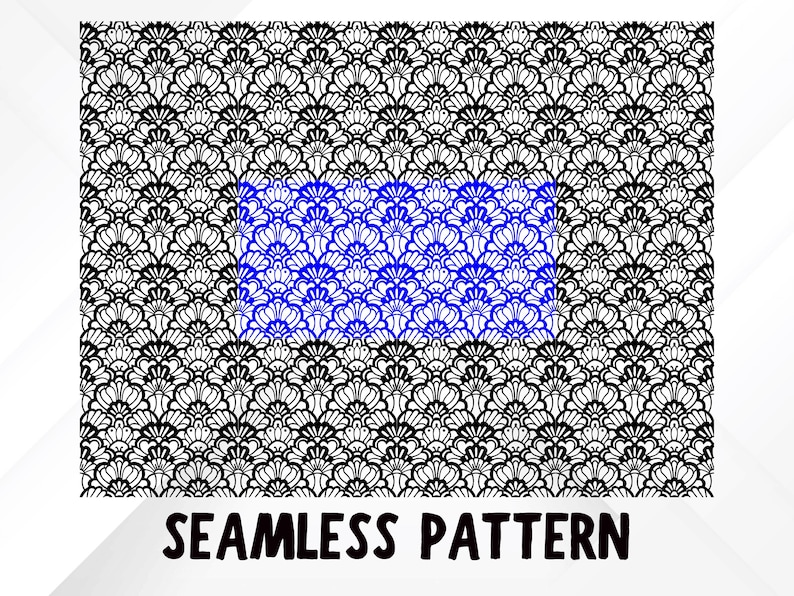 May include: A black and white seamless pattern with a floral design. A blue rectangle highlights a section of the pattern. The words "SEAMLESS PATTERN" are in black text at the bottom of the image.