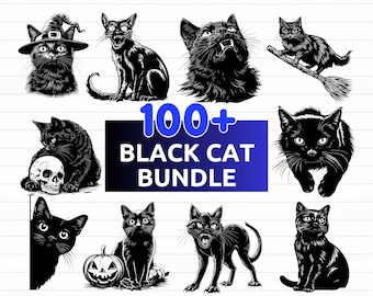 100+ Halloween Black Cat SVG Bundle | Spooky Cat Silhouette, Witch Cat Clipart | png dxf eps svg files for Cricut