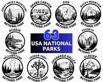 63 USA Nationalparks SVG Bundle, Nationalpark Emblem SVG, Nationalpark Silhouetten - digitaler Download svg, eps, png, svg Dateien für Cricut