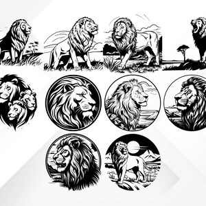 May include: A set of nine black and white illustrations of lions in various poses. Some lions are roaring, some are looking to the side, and some are looking straight ahead. The lions are all drawn in a realistic style.