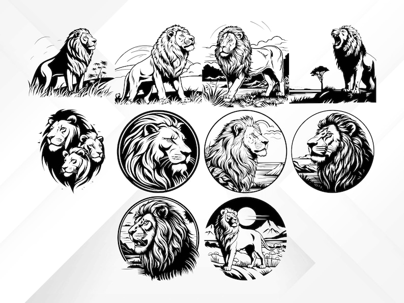 May include: A set of nine black and white illustrations of lions in various poses. Some lions are roaring, some are looking to the side, and some are looking straight ahead. The lions are all drawn in a realistic style.