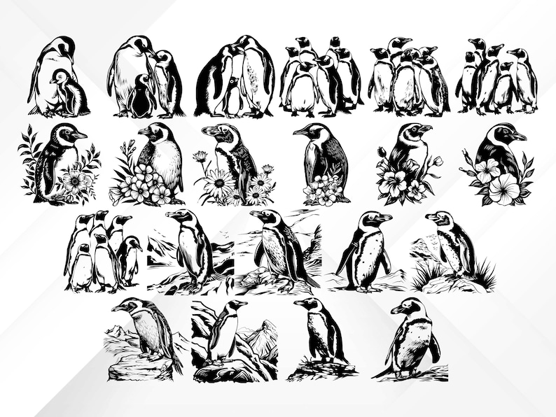 May include: A collection of 20 black and white illustrations of penguins in various poses. Some penguins are standing, some are swimming, and some are cuddling. The illustrations are simple and elegant, and they would be perfect for use in a variety of projects.