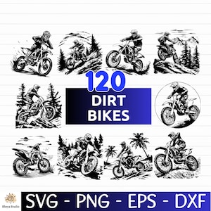 Peut inclure: Une collection de 120 illustrations de motos tout-terrain en noir et blanc. Les images représentent des pilotes sur des motos dans divers environnements extérieurs, y compris des forêts et des montagnes. Le texte "120 DIRT BIKES" est également présent.