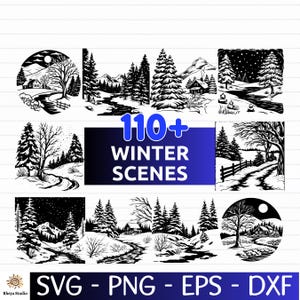 Könnte beinhalten: Eine Sammlung von Schwarz-Weiß-Illustrationen von Winterszenen. Das Bild zeigt verschiedene Landschaften mit Bäumen, Flüssen, Hütten und Straßen. Der Text "110+ WINTER SCENES" ist in einem blauen Rechteck dargestellt. Dateityp-Optionen unten.