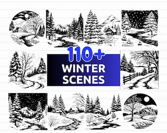 May include: A collection of black and white winter scene illustrations. The image includes various landscapes with trees, rivers, cabins, and roads. The text "110+ WINTER SCENES" is displayed in a blue rectangle. The bottom of the image shows file type options.