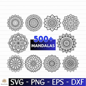 May include: A collection of black and white mandala designs. The image features various circular patterns with intricate details. Text in the image reads "500+ MANDALAS" and "SVG - PNG - EPS - DXF".