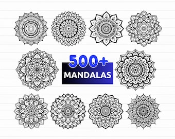 May include: A collection of black and white mandala designs. The image features various circular patterns with intricate details. Text in the image reads "500+ MANDALAS" and "SVG - PNG - EPS - DXF".