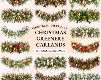 Paquete de imágenes prediseñadas de guirnaldas de follaje navideño, PNG de pino perenne en acuarela, decoración botánica navideña, gráficos de invierno de pino y acebo, uso comercial.