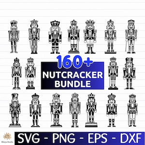 以下が含まれることがあります： さまざまなポーズの白黒のくるみ割り人形のイラストのコレクション。「160+ NUTCRACKER BUNDLE」というテキストと、SVG、PNG、EPS、DXFのファイル形式オプションが含まれています。