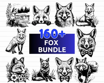 May include: A collection of black and white fox illustrations in various poses. The image includes the text "160+ FOX BUNDLE" in blue and white, along with file type indicators: SVG, PNG, EPS, and DXF.