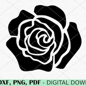 May include: A black and white silhouette of a rose. The rose is stylised with multiple layers of petals.