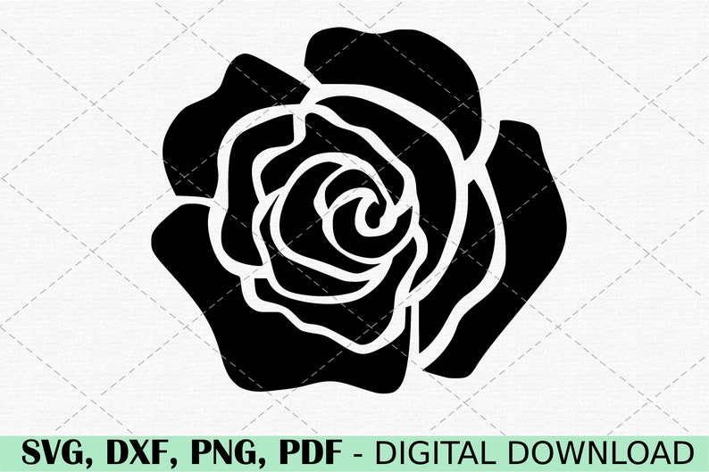 May include: A black and white silhouette of a rose. The rose is stylised with multiple layers of petals.