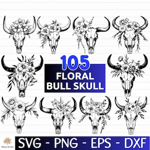 May include: A digital design featuring multiple black and white floral bull skull illustrations. The text "105 Floral Bull Skull" is displayed in blue and white. The image also includes file type information: SVG, PNG, EPS, and DXXF.