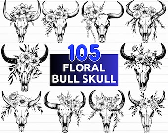 Paquete SVG de 105 calaveras de toro con flores, paquete SVG de calaveras de vaca con flores: descarga digital instantánea que incluye archivos dxf, png, pdf y svg para Cricut