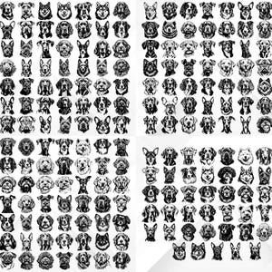 May include: A black and white illustration of 100 different dog breeds. Each dog is drawn in a simple, stylized manner, with a focus on their unique facial features.