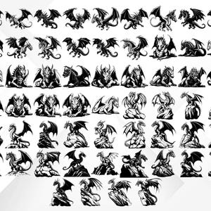May include: A collection of 48 black and white dragon illustrations. Each dragon is depicted in a different pose, with wings spread, claws extended, and tails curled. The dragons are all facing forward, with their heads held high.