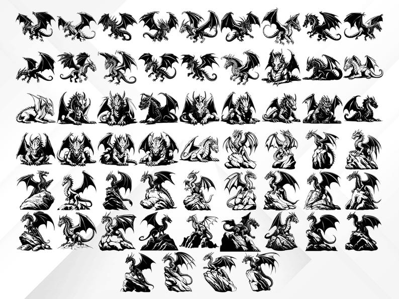 May include: A collection of 48 black and white dragon illustrations. Each dragon is depicted in a different pose, with wings spread, claws extended, and tails curled. The dragons are all facing forward, with their heads held high.