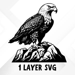 May include: Black and white illustration of a bald eagle perched on a rocky cliff. The eagle is facing right and has its wings folded. The image is a single layer SVG file.