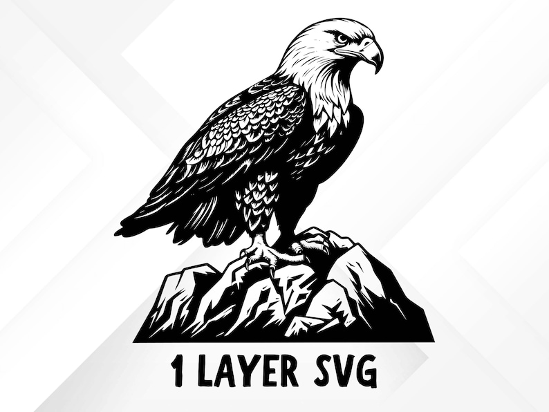 May include: Black and white illustration of a bald eagle perched on a rocky cliff. The eagle is facing right and has its wings folded. The image is a single layer SVG file.